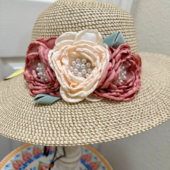 Special Event Elegant Women\'s Tweed Sun Hat With Satin Flowers And Pearls (NEW) main image 7